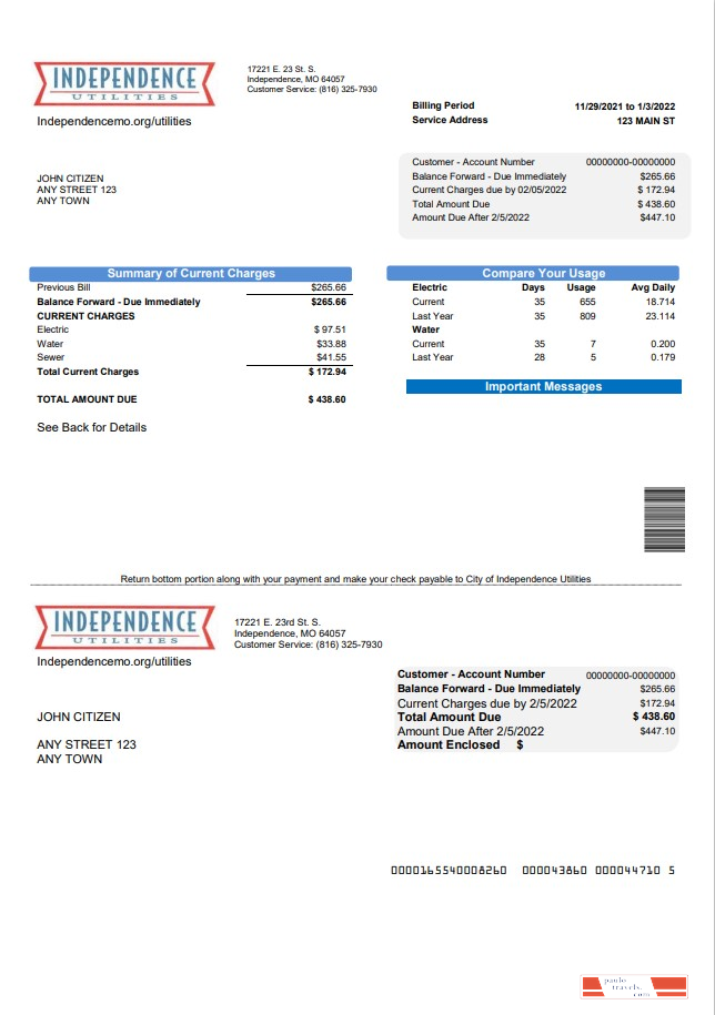 USA Missouri Independence Utilities utility bill template in Word and PDF format